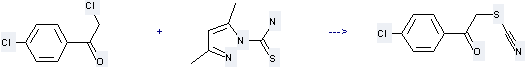 The Thiocyanic acid, 2-(4-chlorophenyl)-2-oxoethyl ester can be obtained by 3, 5-Dimethyl-pyrazole-1-carbothioic acid amide and 2-Chloro-1-(4-chloro-phenyl)-ethanone.